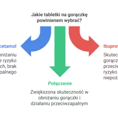 Diagram porównujący paracetamol i ibuprofen na gorączkę, z opisem ich działania i ryzyka.