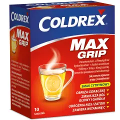 Opakowanie leku Coldrex Max Grip z naparstkiem cytrynowym i parującym napojem.