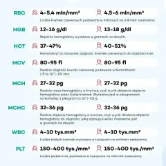 Wyniki badań krwi: RBC, HGB, HCT, MCV, MCH, MCHC, WBC, PLT. Co to są te parametry? Tabela podaje normy.