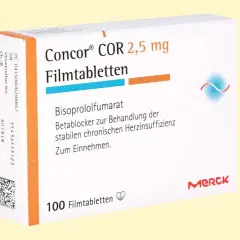 Opakowanie leku Concor COR 2,5 mg, zawierające 100 tabletek powlekanych, stosowane w leczeniu przewlekłej niewydolności serca.