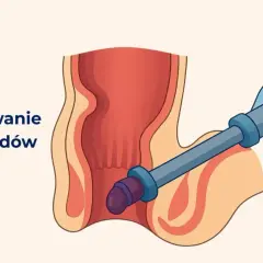 Ilustracja przedstawia zabieg gumkowania hemoroidów. Ręka w niebieskiej rękawiczce używa narzędzia do założenia gumki na hemoroid.
