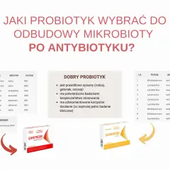 Dwa opakowania probiotyków Sanprobi na tle tabeli z rodzajami bakterii.