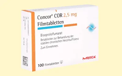 Opakowanie leku Concor COR 2,5 mg, zawierające 100 tabletek powlekanych, stosowane w leczeniu przewlekłej niewydolności serca.