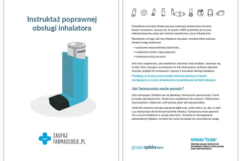 Niebieski inhalator, kluczowy w leczeniu astmy, np. salbutamol. Instruktaż poprawnej obsługi inhalatora.
