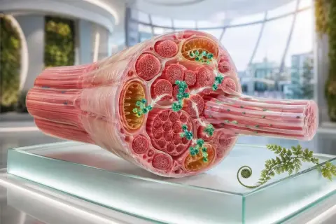 Przekrój włókna mięśniowego z widocznymi mitochondriami i cząsteczkami kinazy kreatynowej, kluczowymi dla produkcji energii.