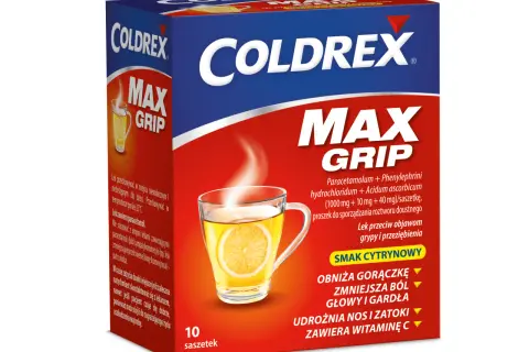 Opakowanie leku Coldrex Max Grip z naparstkiem cytrynowym i parującym napojem.