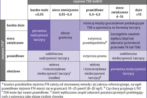 Tabela interpretująca wyniki badań TSH i FT4. FT3 co to za badanie? Tabela pomaga zrozumieć, co oznaczają różne poziomy tych hormonów.