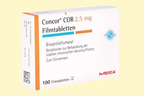 Opakowanie leku Concor COR 2,5 mg, zawierające 100 tabletek powlekanych, stosowane w leczeniu przewlekłej niewydolności serca.