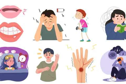 Ilustracje przedstawiające objawy niedoborów witamin: usta, zmęczenie, wysypka, bezsenność, ból dłoni, stres.