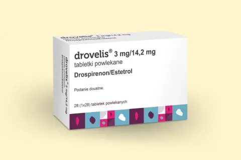 Opakowanie leku drovelis 3 mg/14,2 mg, zawierające 28 tabletek powlekanych z drospirenonem/estetrolem.