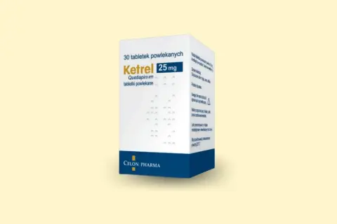 Opakowanie leku Ketrel 25 mg, zawierające 30 tabletek powlekanych z kwetiapiną. Stosowany w leczeniu schizofrenii i zaburzeń dwubiegunowych.