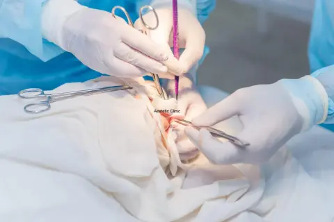 Chirurgiczne usuwanie kaszaka. Dłoń w rękawiczce trzyma narzędzia chirurgiczne, przygotowując się do precyzyjnego wycięcia zmiany.