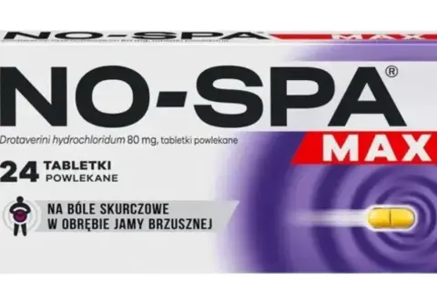 Opakowanie leku NO-SPA MAX z 24 tabletkami powlekanymi, na bóle skurczowe jamy brzusznej.