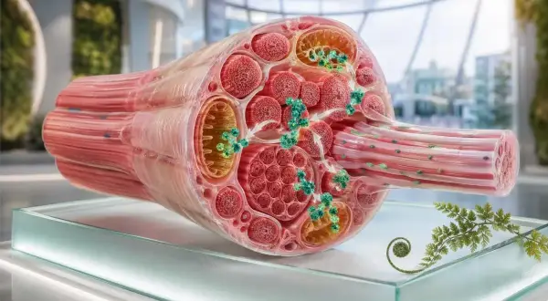 Przekrój włókna mięśniowego z widocznymi mitochondriami i cząsteczkami kinazy kreatynowej, kluczowymi dla produkcji energii.