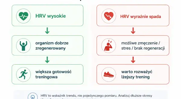 HRV wysokie oznacza dobrą regenerację i gotowość do treningu. Spadek HRV sugeruje zmęczenie, stres i potrzebę lżejszego treningu.