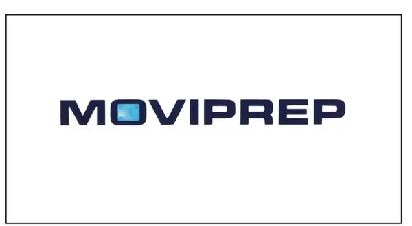Napis MOVIPREP w kolorze granatowym, z niebieskim prostokątem w literze "O".