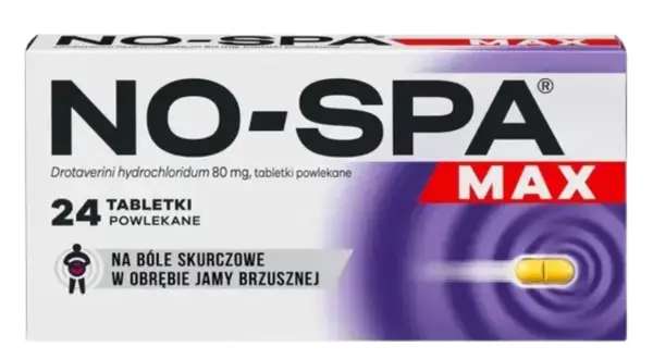 Opakowanie leku NO-SPA MAX z 24 tabletkami powlekanymi, na bóle skurczowe jamy brzusznej.