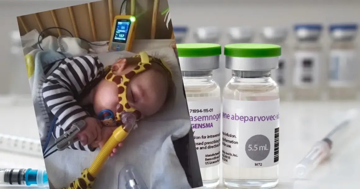 Dziecko podłączone do aparatury medycznej obok fiolek leku Zolgensma.
