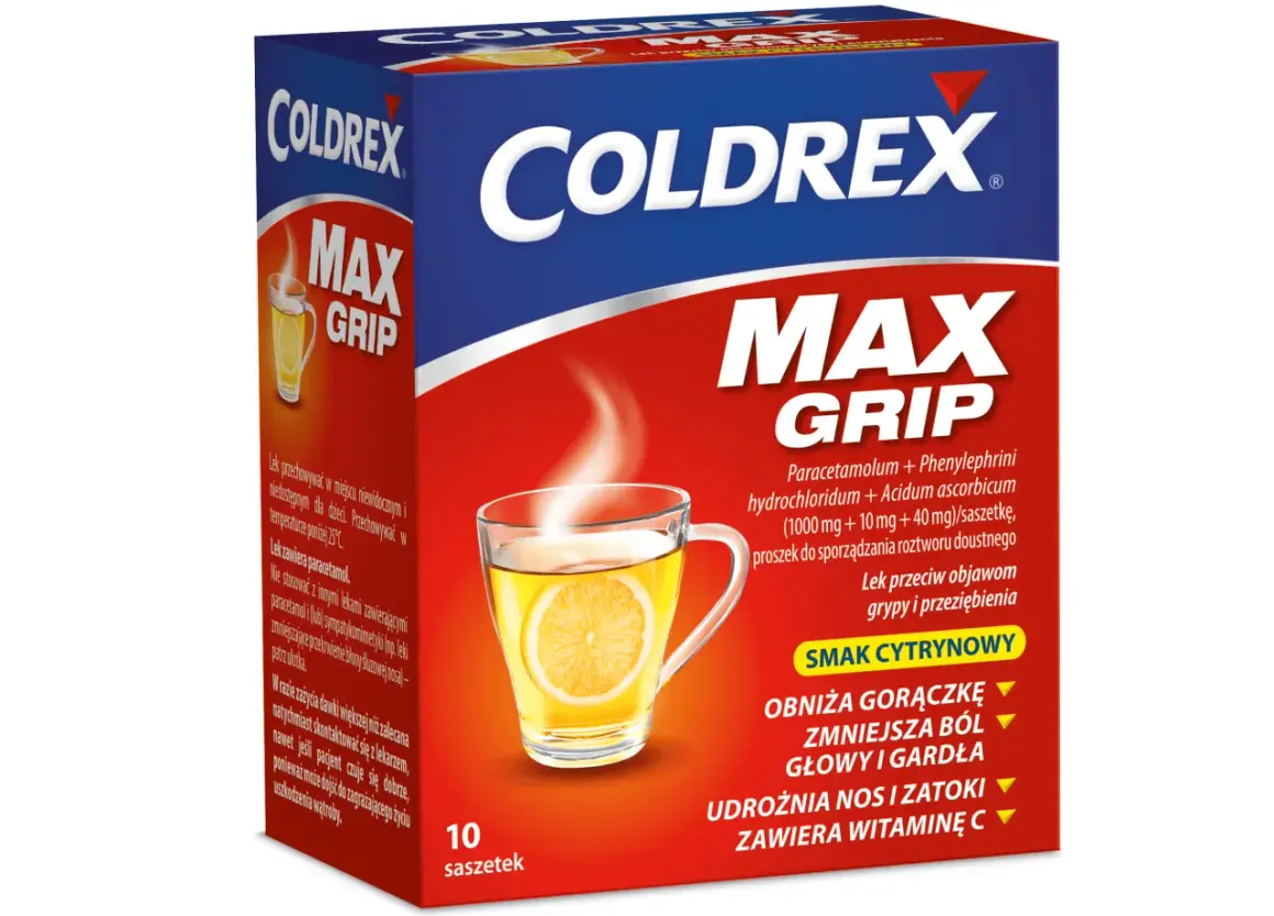 Opakowanie leku Coldrex Max Grip z naparstkiem cytrynowym i parującym napojem.
