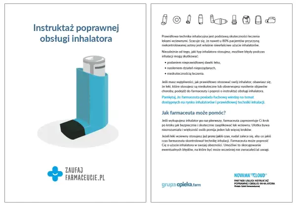 Niebieski inhalator, kluczowy w leczeniu astmy, np. salbutamol. Instruktaż poprawnej obsługi inhalatora.