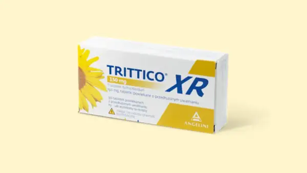 Opakowanie leku Trittico XR 150 mg, stosowanego na depresję i zaburzenia snu.