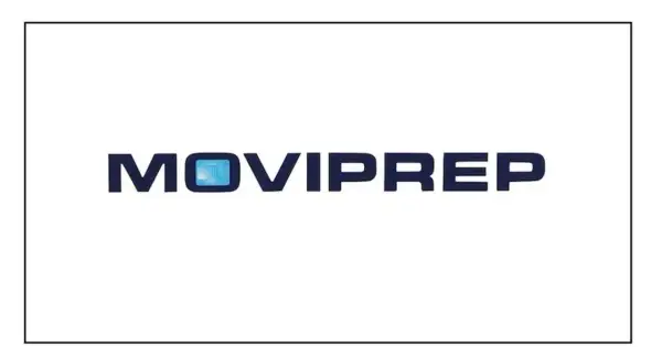 Napis MOVIPREP w kolorze granatowym, z niebieskim prostokątem w literze "O".