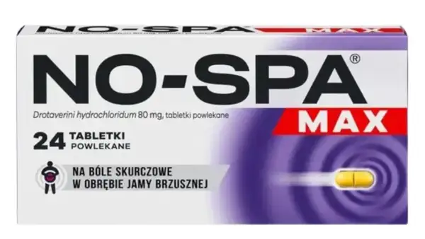 Opakowanie leku NO-SPA MAX z 24 tabletkami powlekanymi, na bóle skurczowe jamy brzusznej.